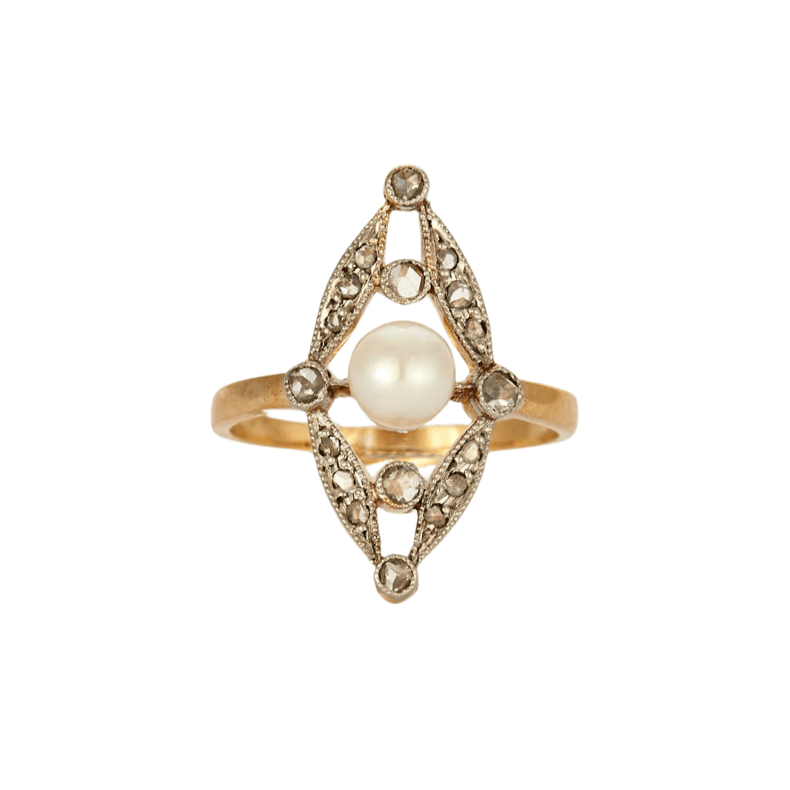 Bague Boule Or Jaune 18 Carats Avec Perle Et Diamants - Taille 54 - Occasion - Fabriqué En France