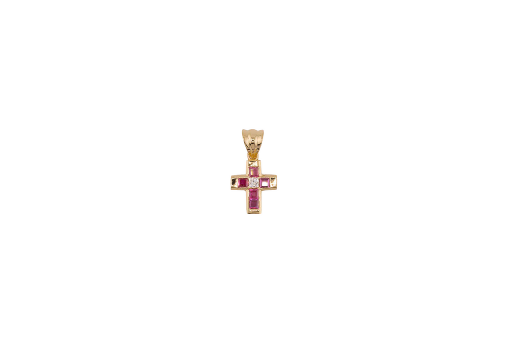 Pendentif crucifix en or jaune avec rubis et diamants
