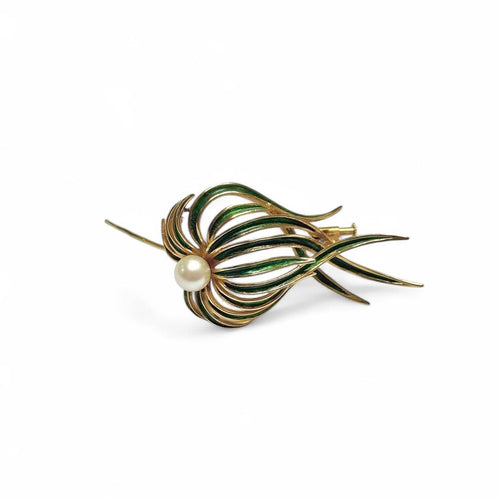 Broche Broche « Posidonie » en or jaune 18k émaillé vert et perle 58 Facettes REF25002-269