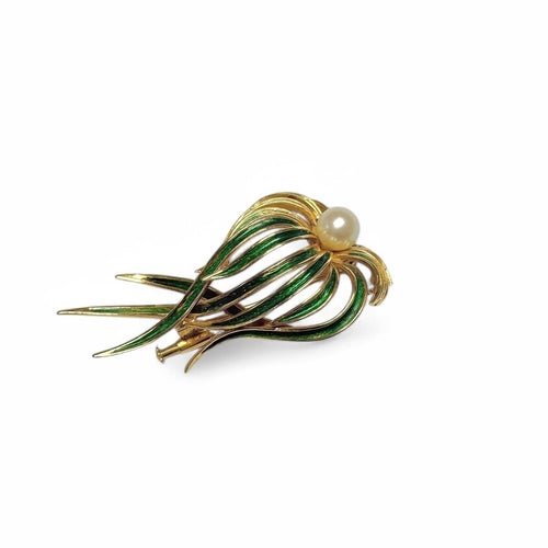 Broche Broche « Posidonie » en or jaune 18k émaillé vert et perle 58 Facettes REF25002-269