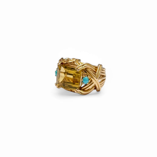 Bague 53 Bague cocktail en or jaune 18k, citrine et turquoises 58 Facettes