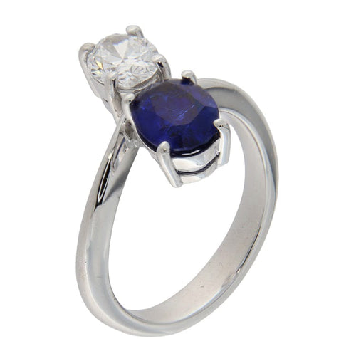Bague 55 Bague en or blanc 18 kt avec diamant ovale 1,00 ct GIA et saphir 58 Facettes G3696