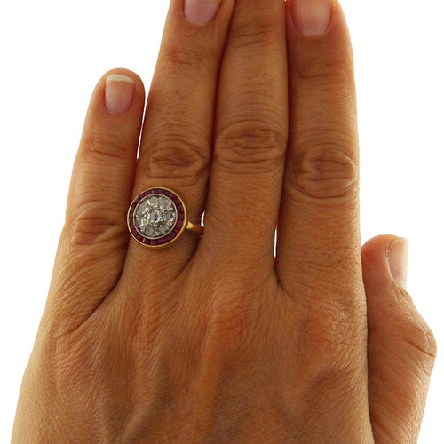 Bague 59.5 Bague vintage en or jaune 18 carats avec diamants taille rose et pierres rouges 58 Facettes G3841