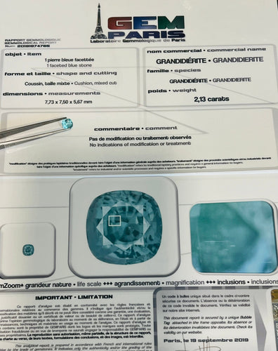 Grandidiérite - Pierre facettée taille coussin 2,13 ct avec certificat 58 Facettes P123