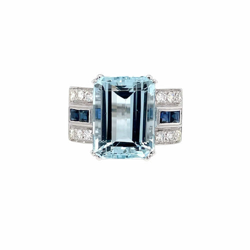 Bague 55 Bague Art déco en or 18 carats avec aigue-marine, saphirs et diamants 58 Facettes