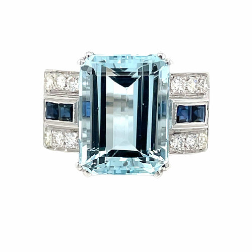 Bague 55 Bague Art déco en or 18 carats avec aigue-marine, saphirs et diamants 58 Facettes