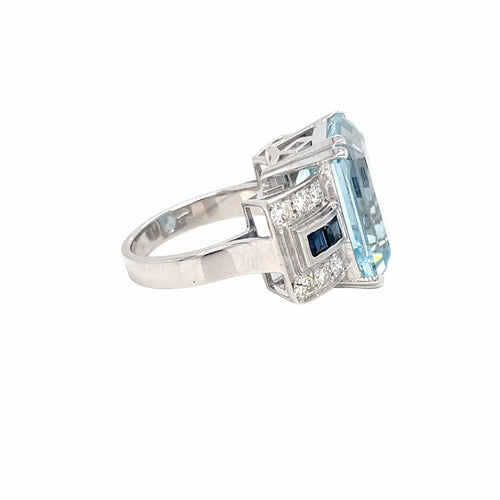 Bague 55 Bague Art déco en or 18 carats avec aigue-marine, saphirs et diamants 58 Facettes
