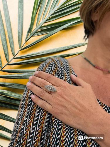 Bague Belle Époque - Bague navette en or 18K, argent et diamants 58 Facettes