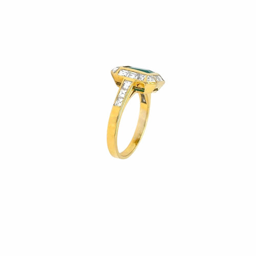 Bague 55 Bague de fiançailles rétro en or jaune 18 ct, émeraude et diamants 58 Facettes