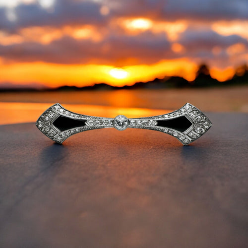 Broche Broche barrette Art déco à palmette en platine, diamants et onyx 58 Facettes