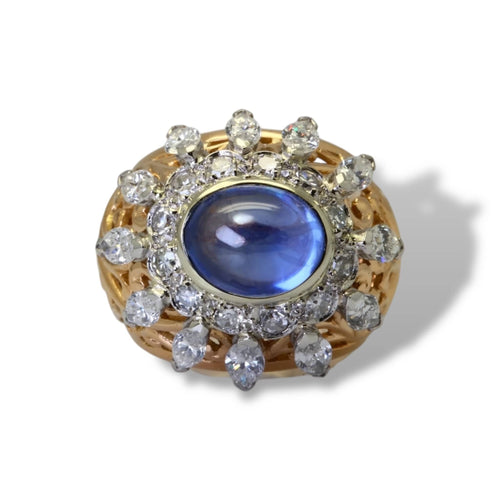 Bague 50 Bague dôme saphir cabochon en or jaune 18k et diamants 58 Facettes