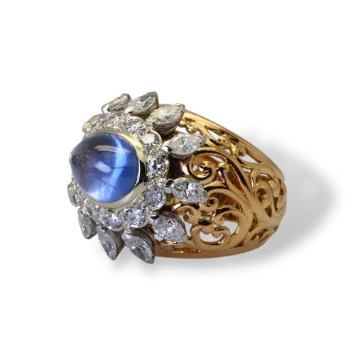 Bague 50 Bague dôme saphir cabochon en or jaune 18k et diamants 58 Facettes