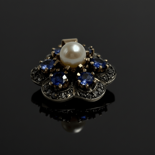 Pendentif Pendentif floral - Saphir, perle et diamants en argent et or rose 58 Facettes