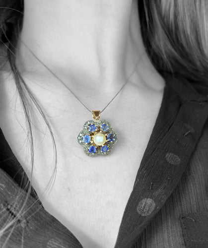 Pendentif Pendentif floral - Saphir, perle et diamants en argent et or rose 58 Facettes