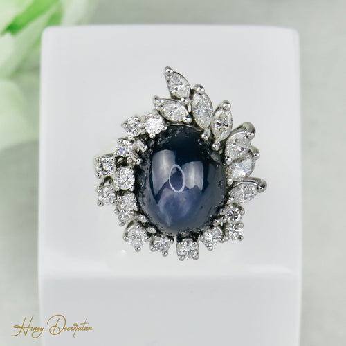 Bague 53.5 Bague en or blanc 750 avec saphir étoilé 15 ct et diamants 58 Facettes 1864