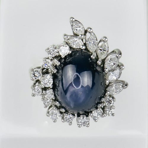 Bague 53.5 Bague en or blanc 750 avec saphir étoilé 15 ct et diamants 58 Facettes 1864