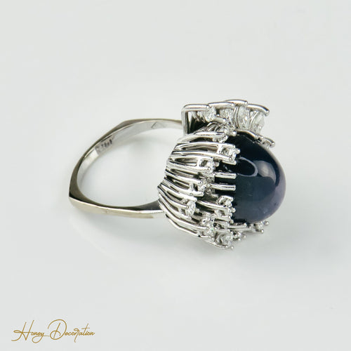 Bague 53.5 Bague en or blanc 750 avec saphir étoilé 15 ct et diamants 58 Facettes 1864