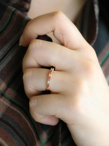 Bague 51 Alliance - Demi-alliance en or jaune 18 carats, diamants et tourmalines roses 58 Facettes 1186.2