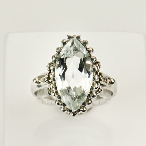 Bague 52.5 Bague antique en or blanc 18 carats avec aigue-marine marquise 58 Facettes 2961