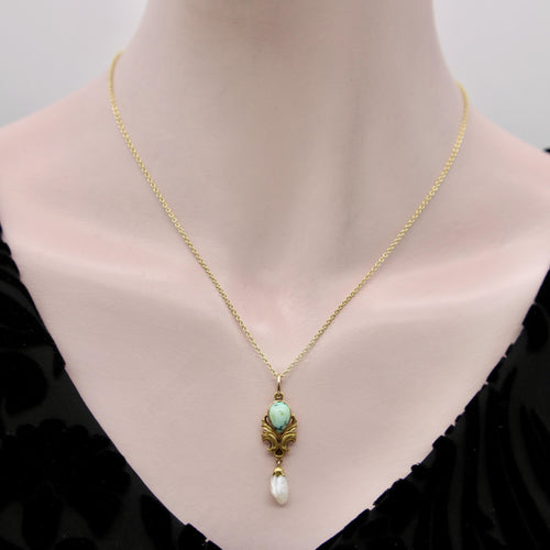 Pendentif Pendentif Art nouveau goutte en or jaune 14K, turquoise et perle 58 Facettes A2005S