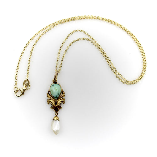 Pendentif Pendentif Art nouveau goutte en or jaune 14K, turquoise et perle 58 Facettes A2005S