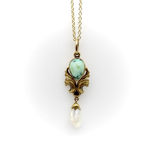 Pendentif Pendentif Art nouveau goutte en or jaune 14K, turquoise et perle 58 Facettes A2005S