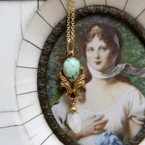 Pendentif Pendentif Art nouveau goutte en or jaune 14K, turquoise et perle 58 Facettes A2005S