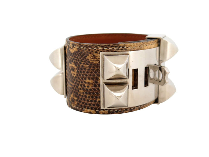 Bracelet Hermès Médor Collier de Chien - Bracelet en cuir de lézard niloticus argenté 58 Facettes 272558