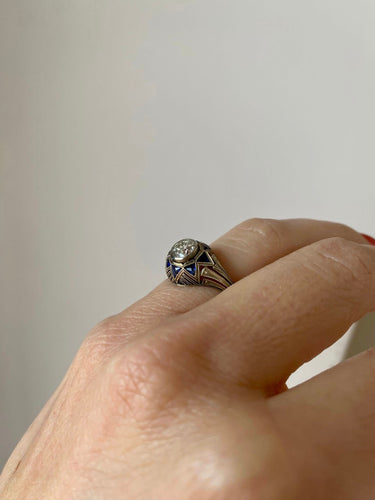 Bague Art déco - Bague filigranée en or blanc 18k, diamant 0,80 ct et saphirs 58 Facettes