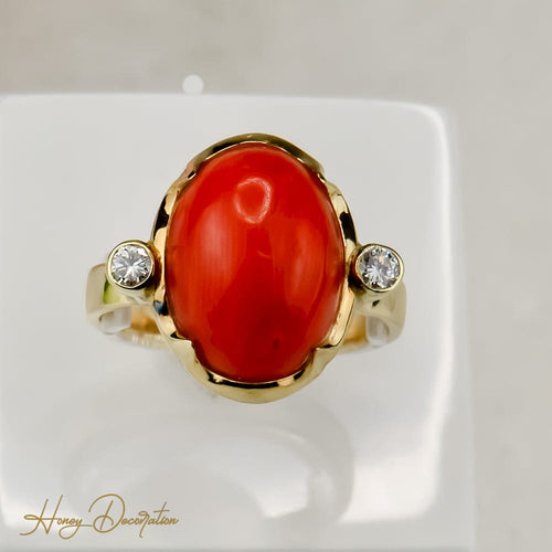 Bague 59 Bague en or 585 avec corail et diamants taille brillant 0,20 ct 58 Facettes 2659