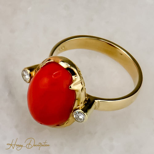 Bague 59 Bague en or 585 avec corail et diamants taille brillant 0,20 ct 58 Facettes 2659