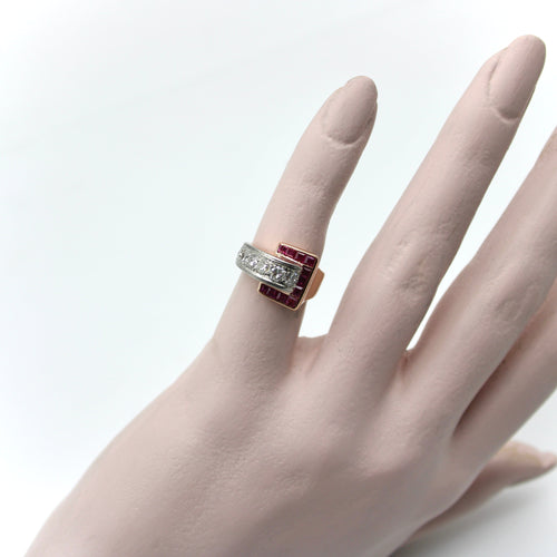 Bague Bague boucle rétro en or rose 14K avec diamants et rubis 58 Facettes