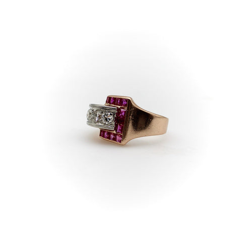 Bague Bague boucle rétro en or rose 14K avec diamants et rubis 58 Facettes