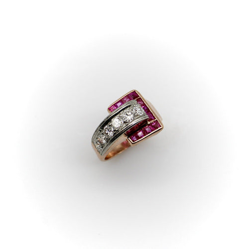 Bague Bague boucle rétro en or rose 14K avec diamants et rubis 58 Facettes