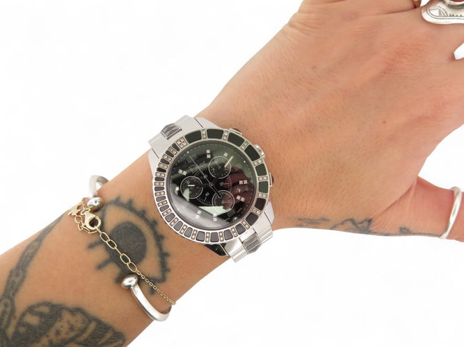 Montre Christian Dior Cristal - Montre chronographe en acier palladié sertie de diamants 58 Facettes 270228