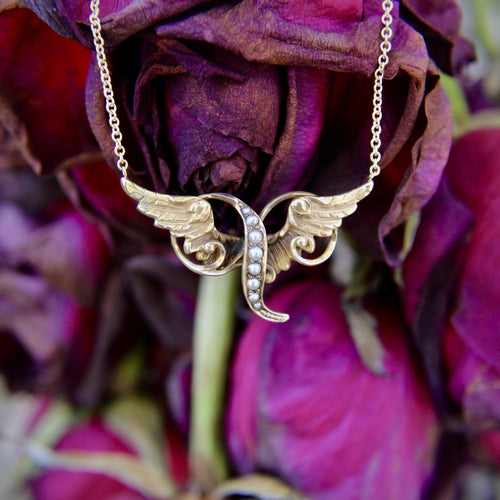 Collier Collier victorien en or jaune 14k ailes d’ange et perles de semence 58 Facettes A20019