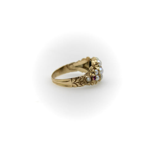 Bague 55 Bague fleur victorienne en or 15K avec perles et rubis 58 Facettes A2001A