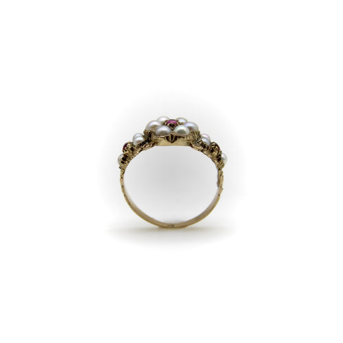 Bague 55 Bague fleur victorienne en or 15K avec perles et rubis 58 Facettes A2001A
