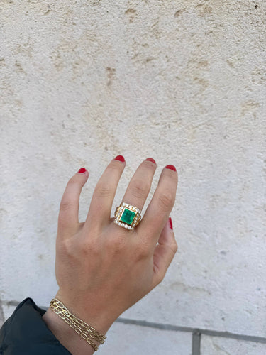 Bague 53.5 Bague vintage en or jaune 18k avec émeraude colombienne et diamants 58 Facettes