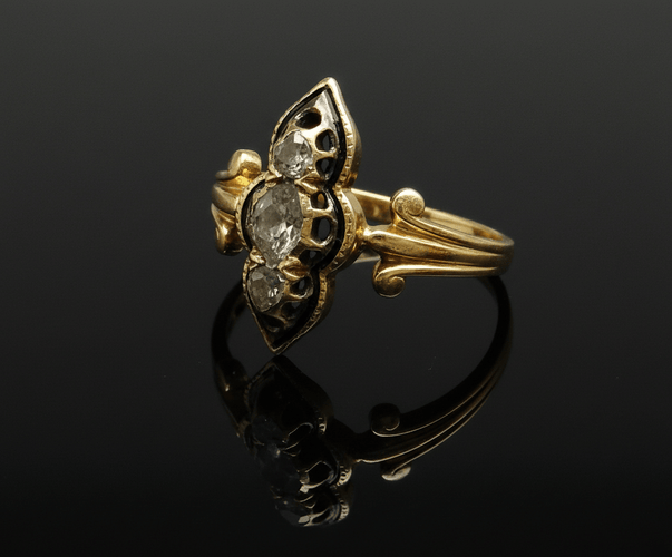 Bague Bague victorienne - Diamants taille rose et émail noir en or jaune 14 carats 58 Facettes