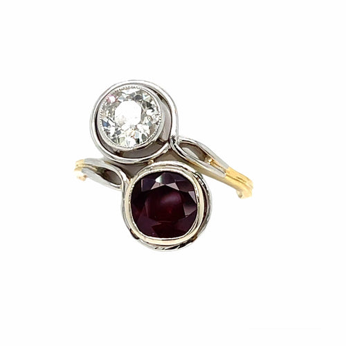 Bague 54 Bague Toi & Moi - Rubis et diamant taille ancienne en or 18 ct et platine 58 Facettes
