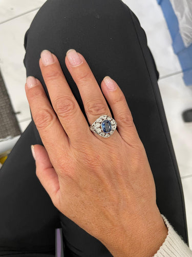 Bague 54 Bague Belle Époque en or 18k, saphir ovale 2,44 ct et diamants 58 Facettes