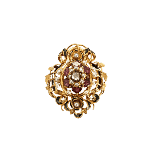 Brooch Brooch decorated with scrollwork and flowers with black enamel, pearls and garnets 58 Facettes