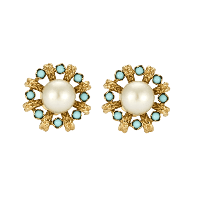 Boucles d'oreilles perles et turquoises en or jaune