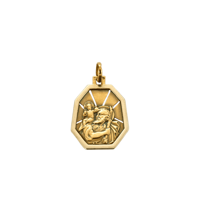 Pendentif Médaille ancienne octogonale St Christophe en or jaune et blanc 58 Facettes