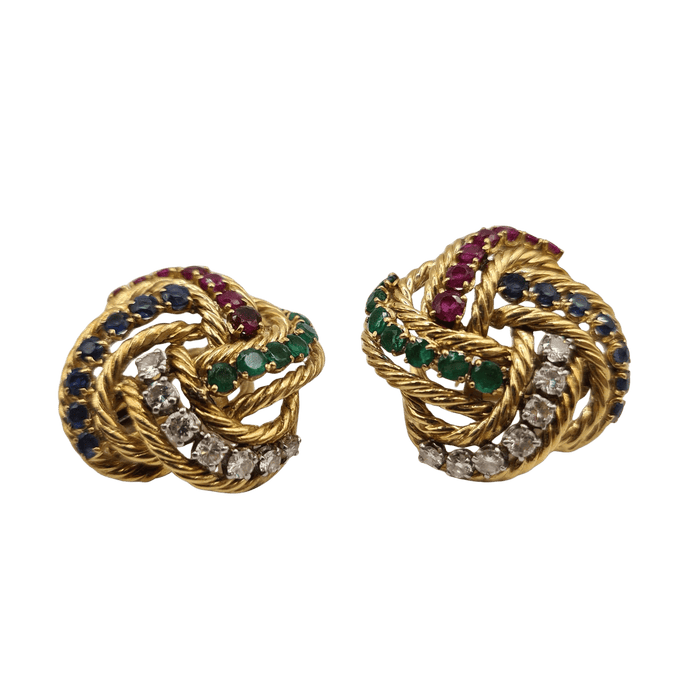 BOUCHERON - Boucles d’oreilles or jaune serties de diamants, saphirs, émeraudes et rubis 58 Facettes