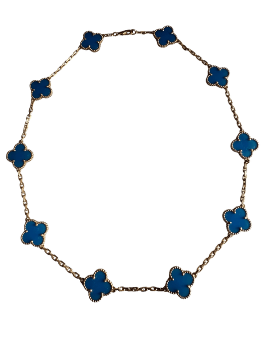 Collier Rare Van Cleef & Arpels Blue Agate Necklace 10 Motif Vintage Alhambra 18k Yellow Gold Estate Box + COA 58 Facettes G13642