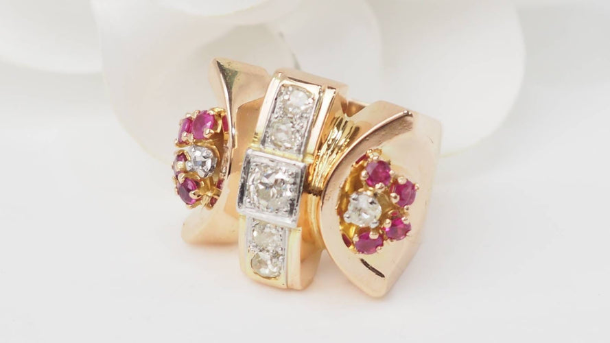 Bague 53 Bague tank en or jaune 18 kt, rubis et diamants 58 Facettes 32887