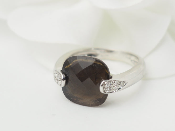 Bague 53 Bague en or blanc 18 ct avec quartz fumé et diamants 58 Facettes 33304