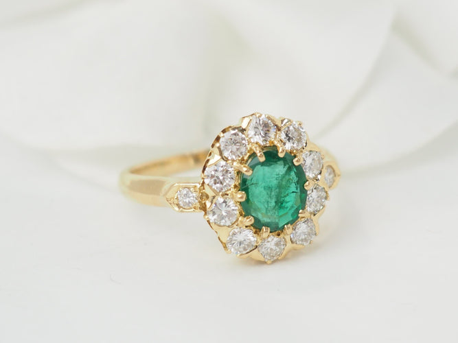 Bague 52 Bague marguerite en or jaune 18 kt, émeraude et diamants 58 Facettes 33514